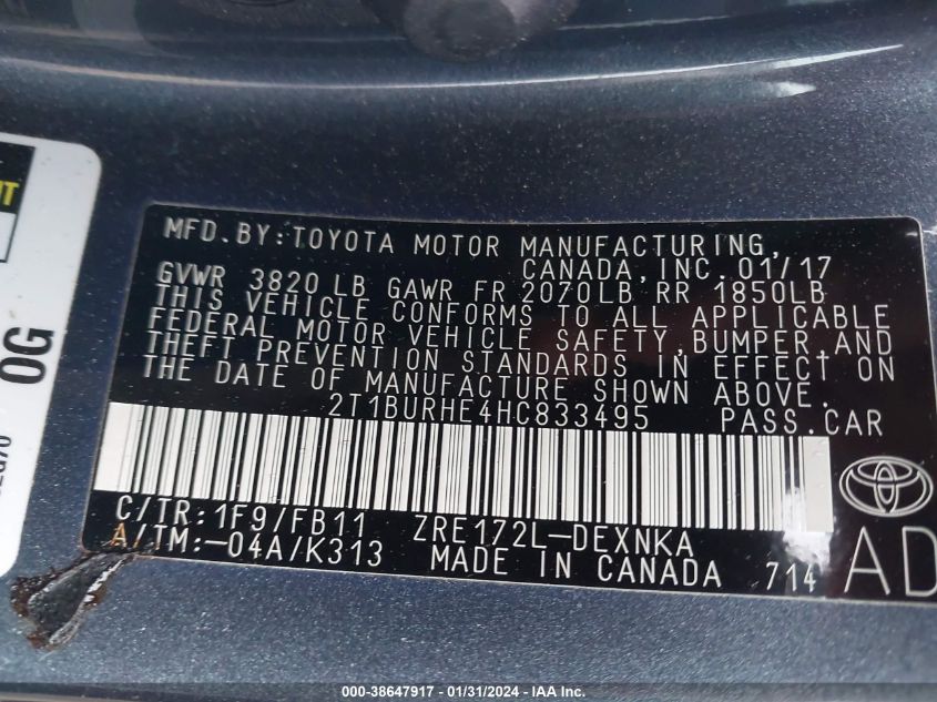 2017 TOYOTA COROLLA L/LE/XLE/SE/XSE - 2T1BURHE4HC833495