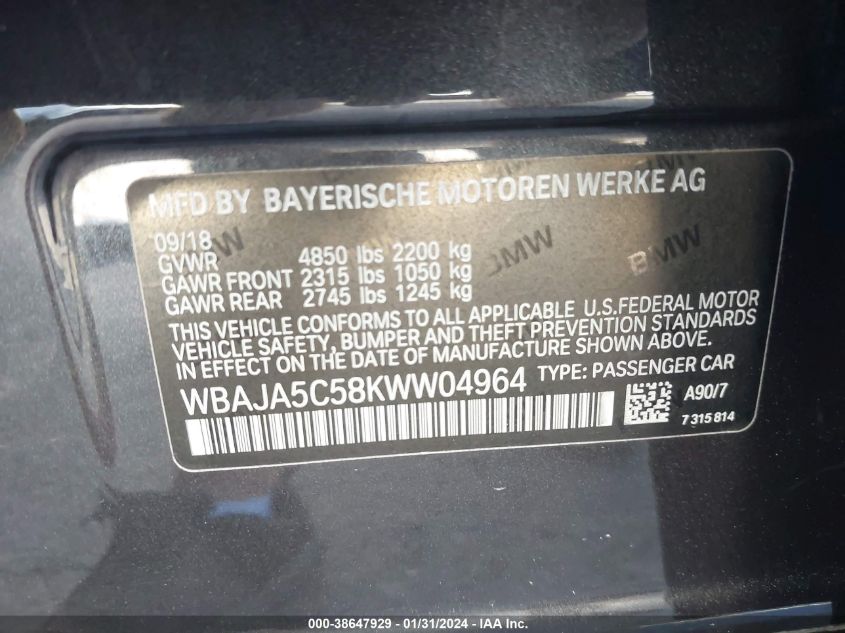 2019 BMW 530I - WBAJA5C58KWW04964