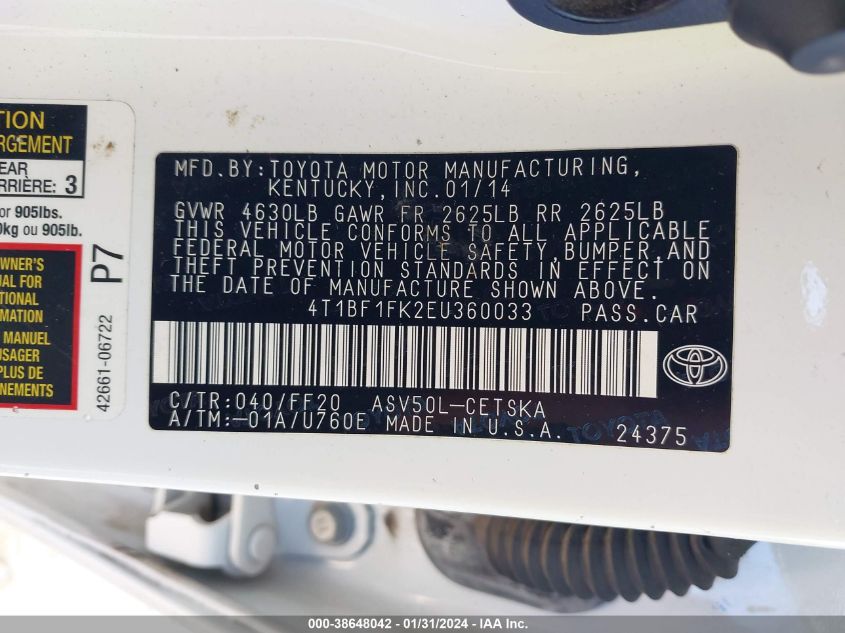 2014 TOYOTA CAMRY L/SE/LE/XLE - 4T1BF1FK2EU360033