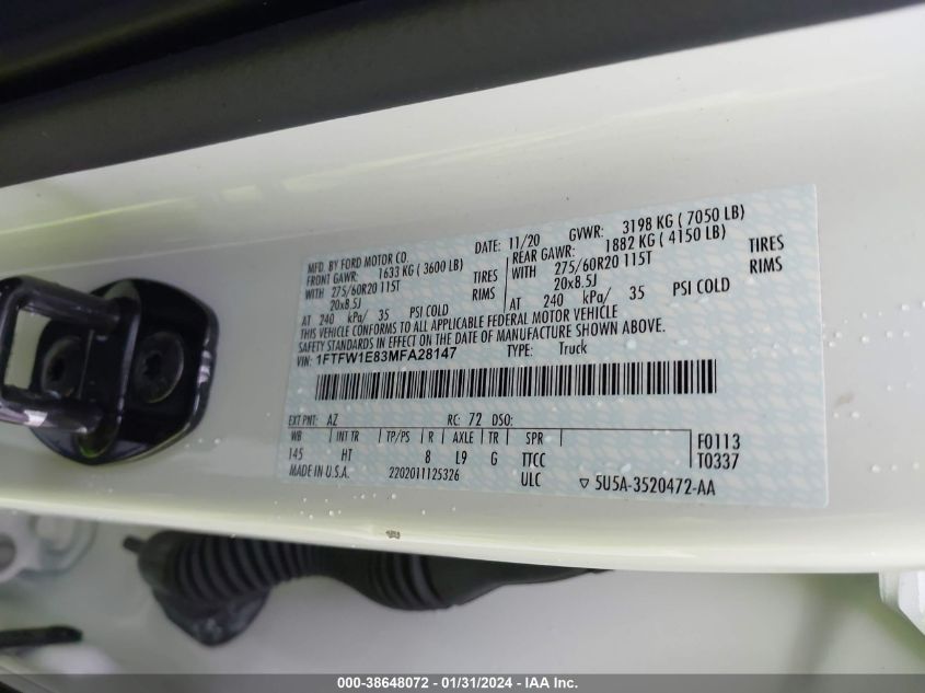 2021 FORD F-150 LARIAT - 1FTFW1E83MFA28147