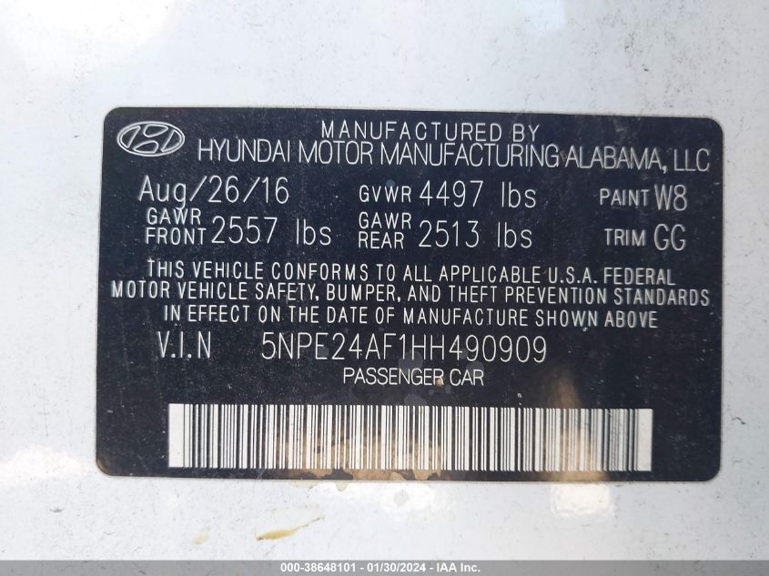 2017 HYUNDAI SONATA - 5NPE24AF1HH490909