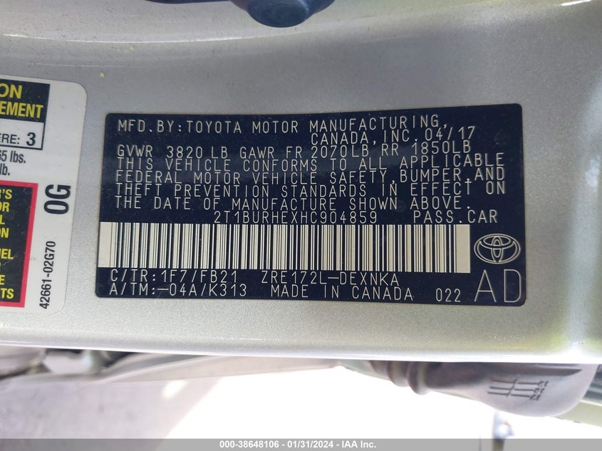 VIN 2T1BURHEXHC904859 2017 TOYOTA COROLLA L/LE/XLE/SE/XSE
