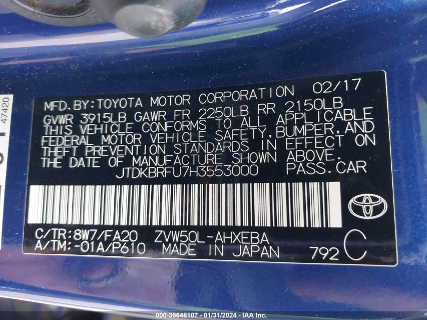 2017 TOYOTA PRIUS TWO - JTDKBRFU7H3553000