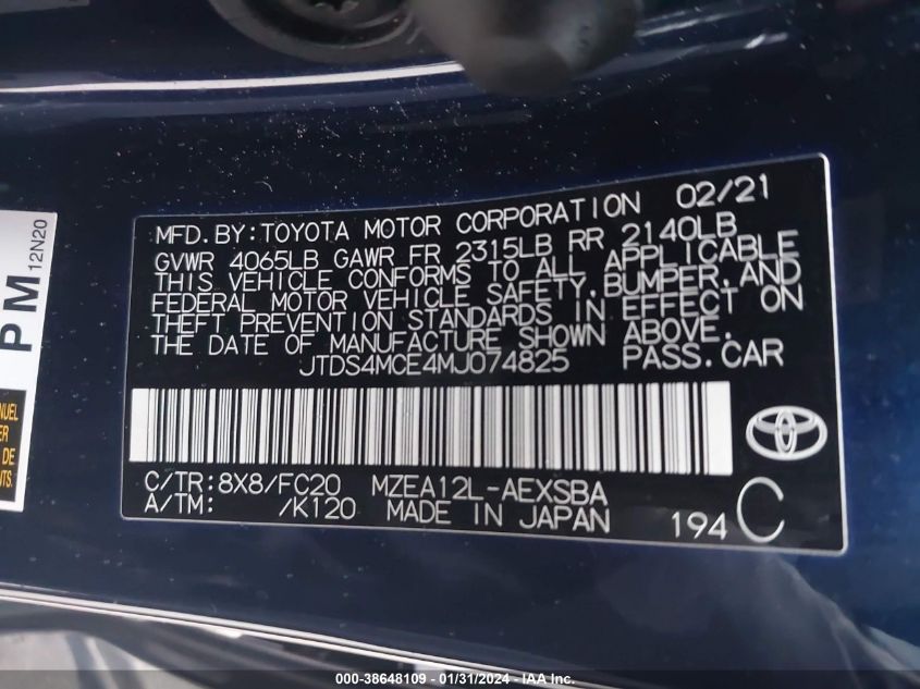 2021 TOYOTA COROLLA SE - JTDS4MCE4MJ074825