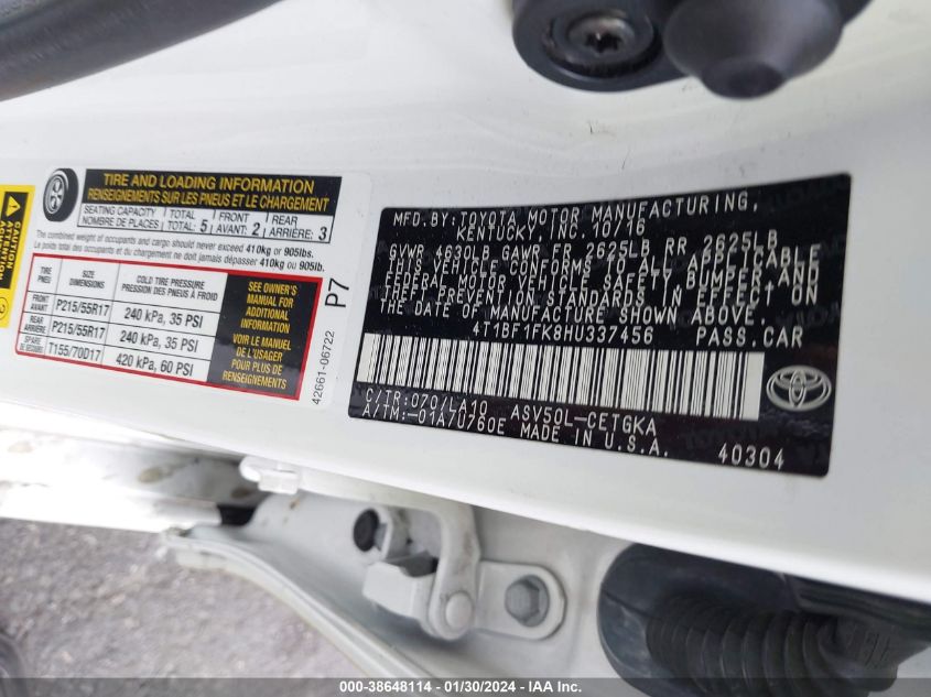 2017 TOYOTA CAMRY XLE - 4T1BF1FK8HU337456