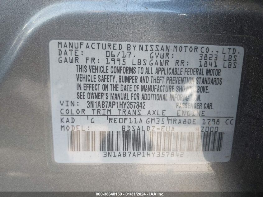 2017 NISSAN SENTRA S/SV/SR/SL - 3N1AB7AP1HY357842