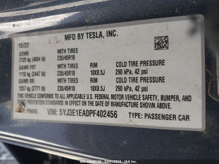 2023 TESLA MODEL 3 - 5YJ3E1EA0PF402456