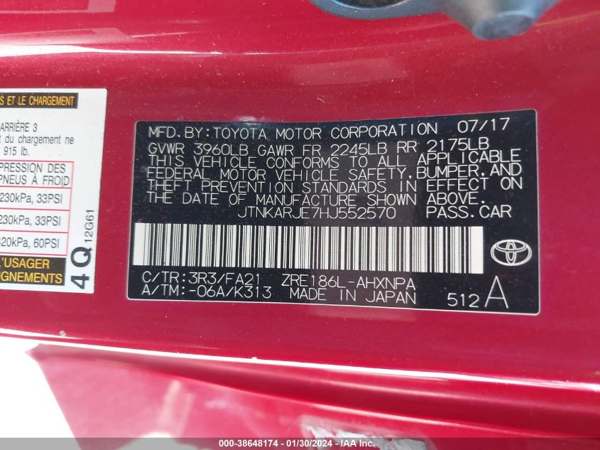 2017 TOYOTA COROLLA IM - JTNKARJE7HJ552570