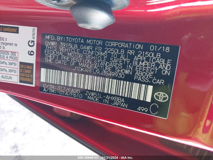 2018 TOYOTA PRIUS - JTDKARFU9J3549930