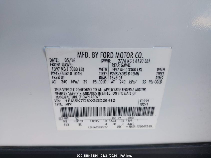 2016 FORD EXPLORER XLT - 1FM5K7D8XGGD26412