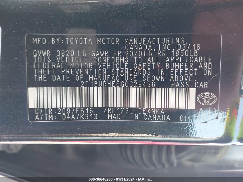 2016 TOYOTA COROLLA L/LE/LE PLS/PRM/S/S PLS - 2T1BURHE6GC628436