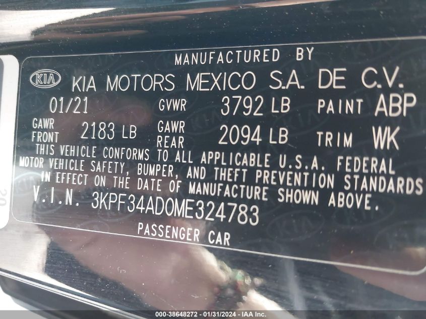 2021 KIA FORTE GT-LINE - 3KPF34AD0ME324783