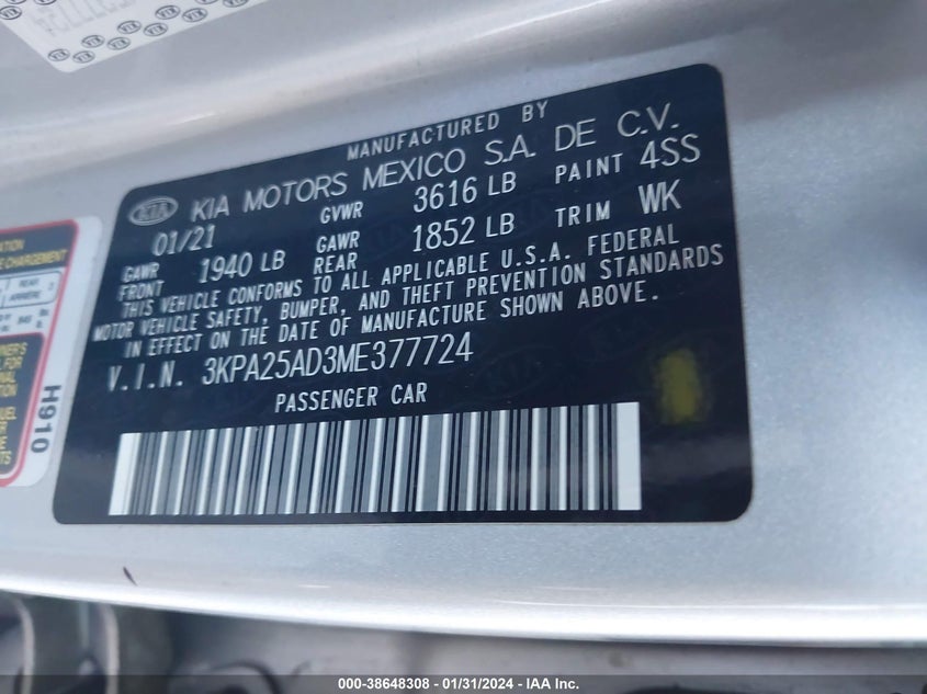 VIN 3KPA25AD3ME377724 2021 KIA RIO 5-DOOR S
