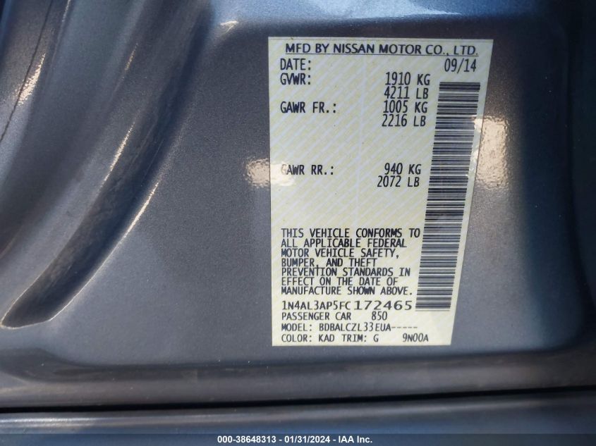 2015 NISSAN ALTIMA 2.5/2.5 S/2.5 SL/2.5 SV - 1N4AL3AP5FC172465