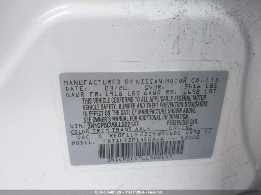 2020 NISSAN KICKS SV - 3N1CP5CV9LL522147