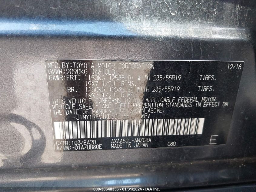 2019 TOYOTA RAV4 LIMITED - JTMY1RFV1KD503586