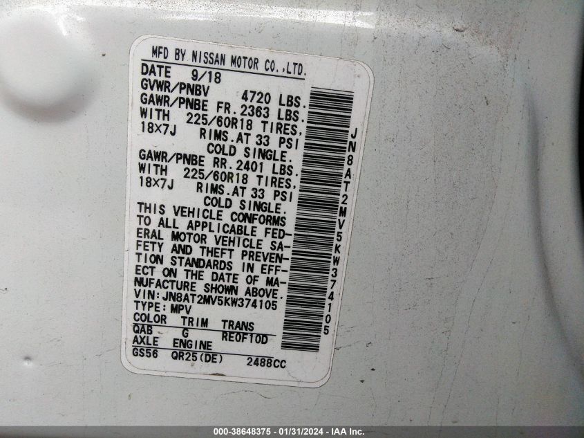 2019 NISSAN ROGUE SV - JN8AT2MV5KW374105
