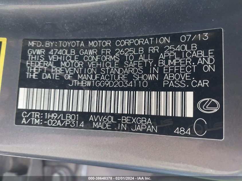 2013 LEXUS ES 300H 300H - JTHBW1GG9D2034110