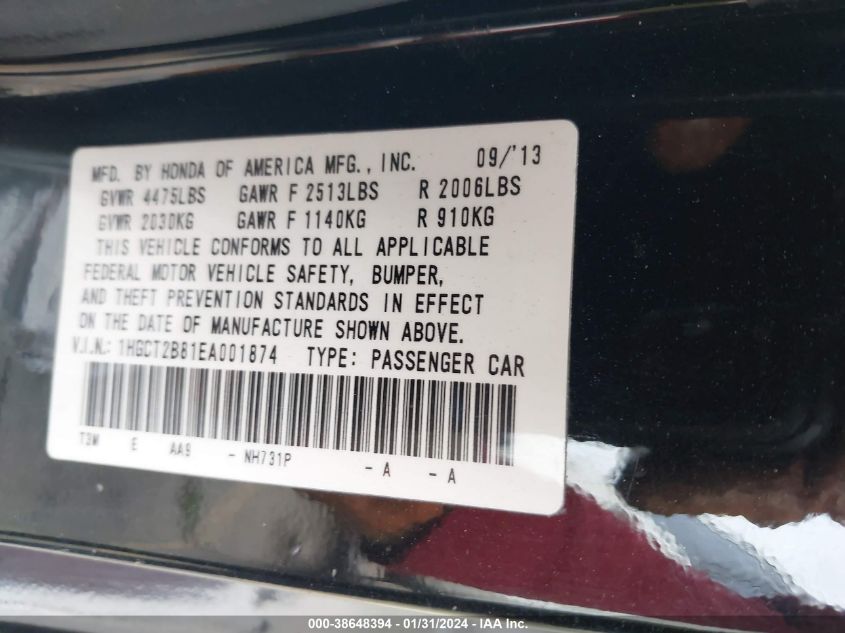 2014 HONDA ACCORD EXL - 1HGCT2B81EA001878
