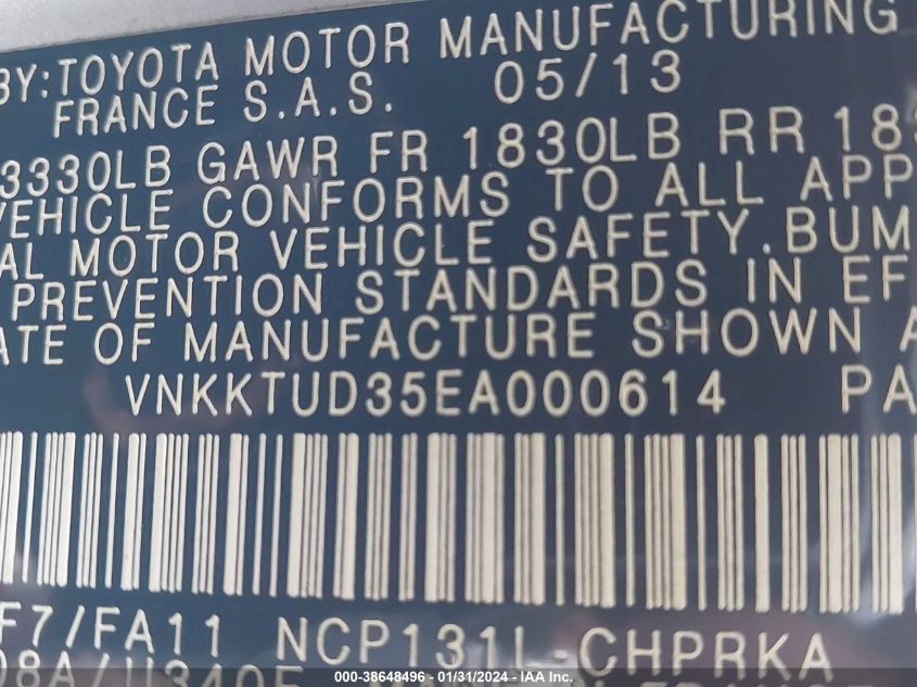 2014 TOYOTA YARIS - VNKKTUD35EA000614