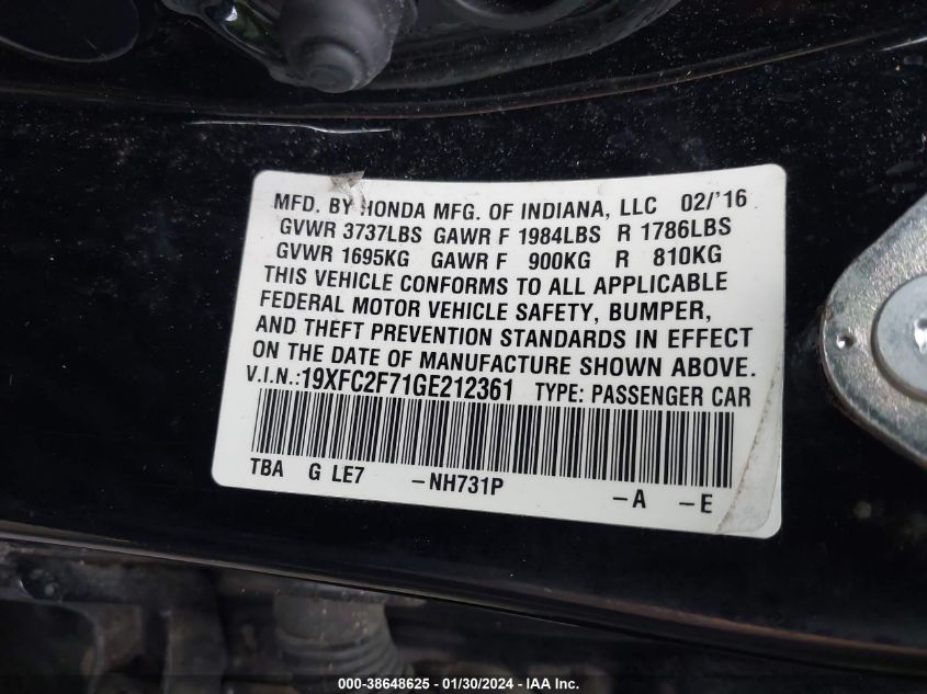2016 HONDA CIVIC EX - 19XFC2F71GE212361