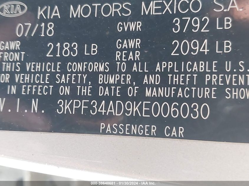 2019 KIA FORTE S - 3KPF34AD9KE006030