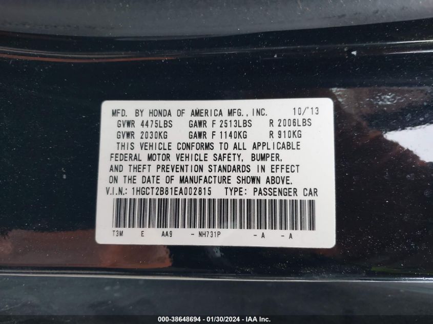 2014 HONDA ACCORD EX-L V-6 - 1HGCT2B81EA002815