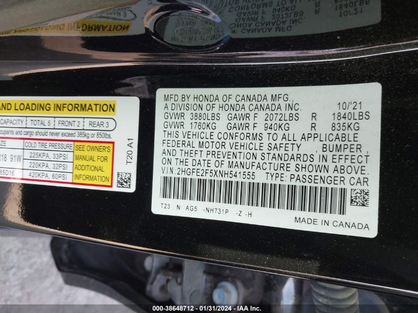 2022 HONDA CIVIC SPORT - 2HGFE2F5XNH541555