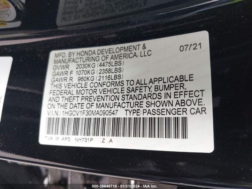 2021 HONDA ACCORD SPORT - 1HGCV1F30MA090547