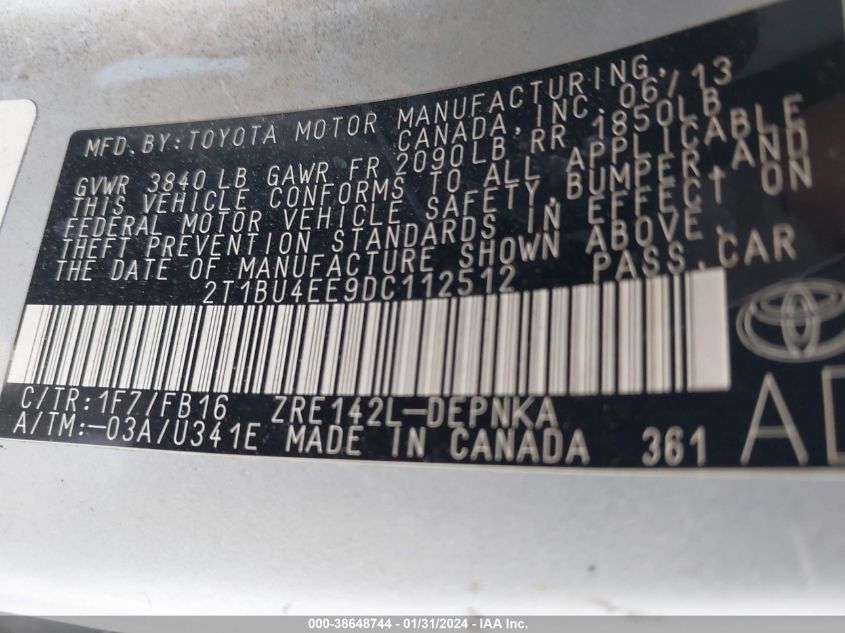 2013 TOYOTA COROLLA LE - 2T1BU4EE9DC112512