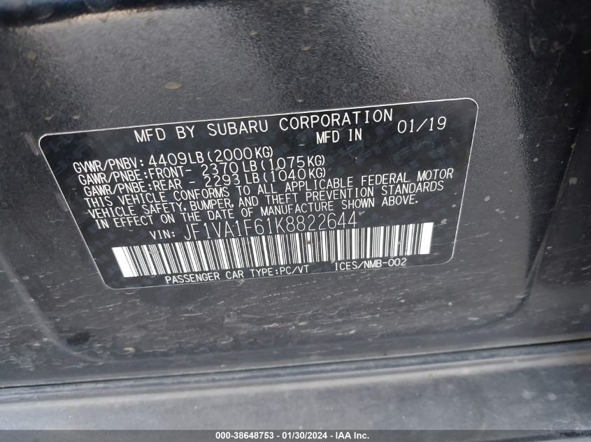 2019 SUBARU WRX PREMIUM - JF1VA1F61K8822644