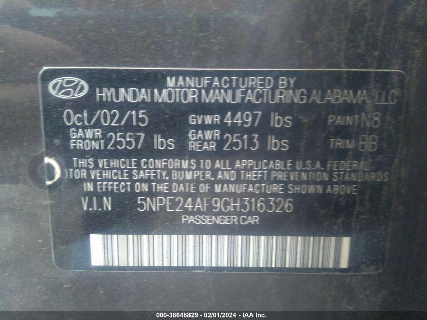 2016 HYUNDAI SONATA SE - 5NPE24AF9GH316326