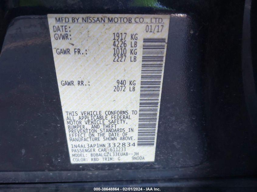 2017 NISSAN ALTIMA 2.5/S/SV/SL/SR - 1N4AL3AP1HN332834