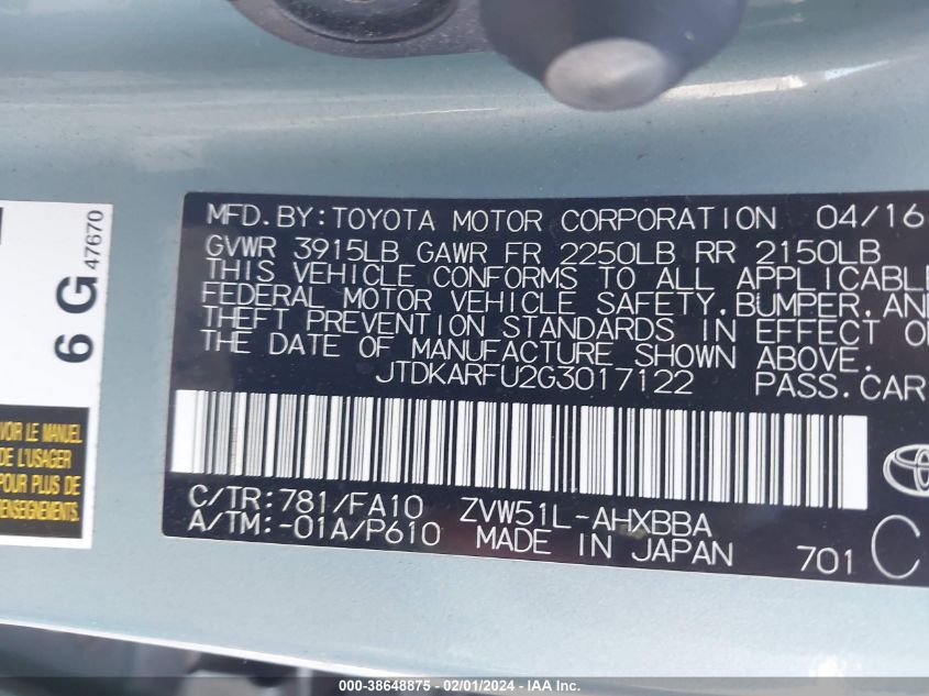 2016 TOYOTA PRIUS - JTDKARFU2G3017122