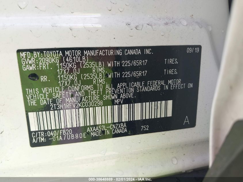 2019 TOYOTA RAV4 LE - 2T3H1RFV2KC030298