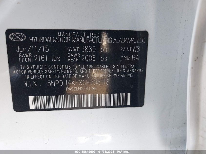 2016 HYUNDAI ELANTRA SE/SPORT/LIMITED - 5NPDH4AEXGH708118
