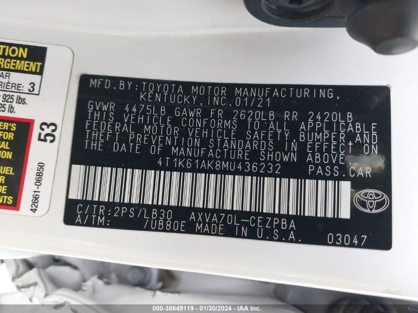 2021 TOYOTA CAMRY XSE - 4T1K61AK8MU436232