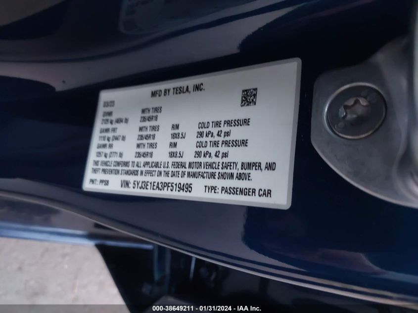 2023 TESLA MODEL 3 REAR-WHEEL DRIVE - 5YJ3E1EA3PF519495