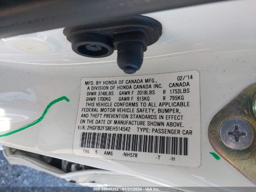 2014 HONDA CIVIC LX - 2HGFB2F58EH514542