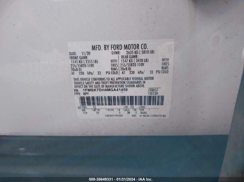 2021 FORD EXPLORER XLT - 1FMSK7DH4MGA41459