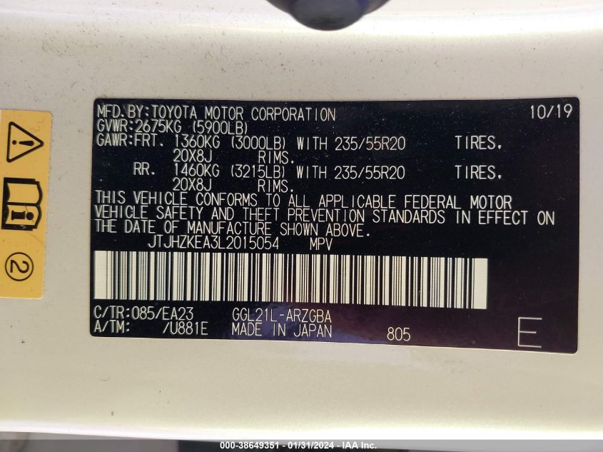 2020 LEXUS RX 350L JTJHZKEA3L2015054