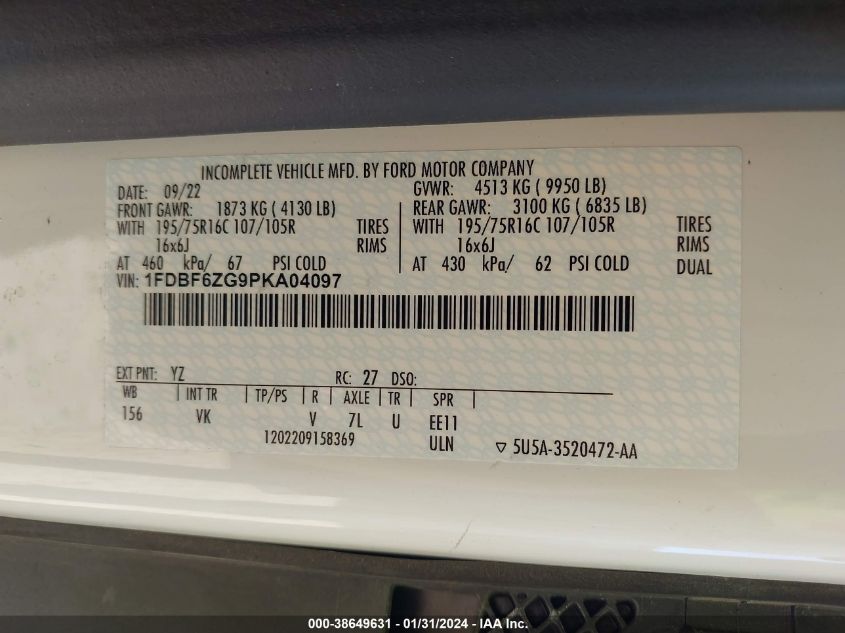 2023 FORD TRANSIT-350 CAB 1FDBF6ZG9PKA04097
