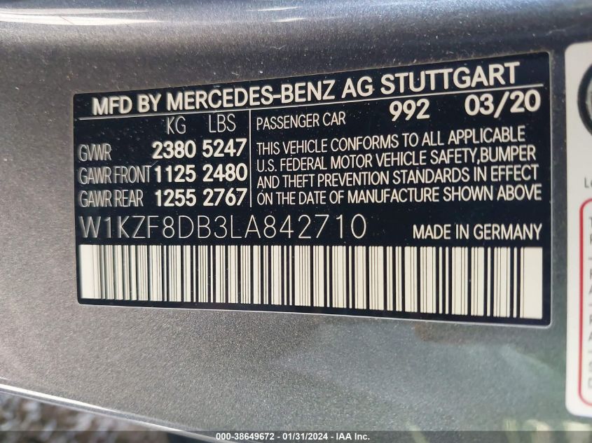 2020 MERCEDES-BENZ E 350 - W1KZF8DB3LA842710