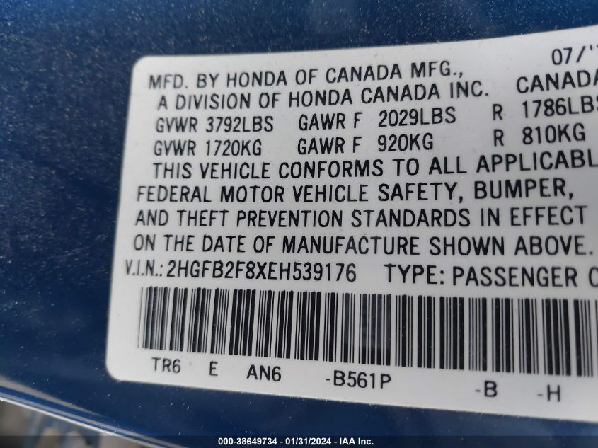 2014 HONDA CIVIC EX - 2HGFB2F8XEH539176