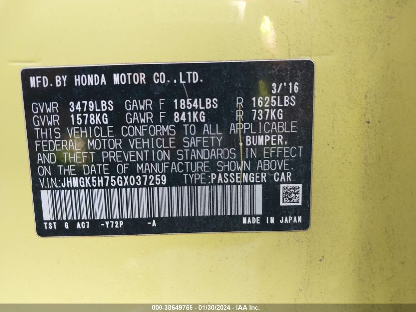 2016 HONDA FIT EX - JHMGK5H75GX037259