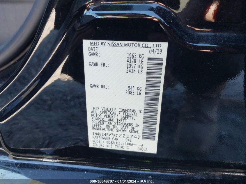 2019 NISSAN ALTIMA 2.5 S - 1N4BL4BV7KC221747