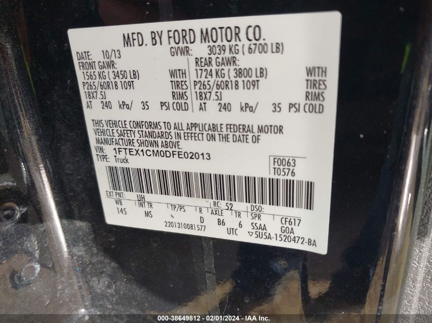 2013 FORD F-150 XLT - 1FTEX1CM0DFE02013