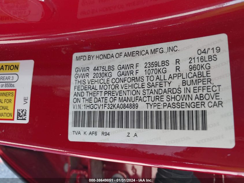 2019 HONDA ACCORD SPORT - 1HGCV1F32KA084889