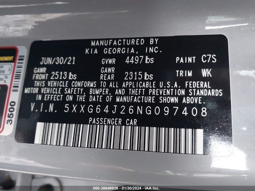 2022 KIA K5 GT-LINE - 5XXG64J26NG097408