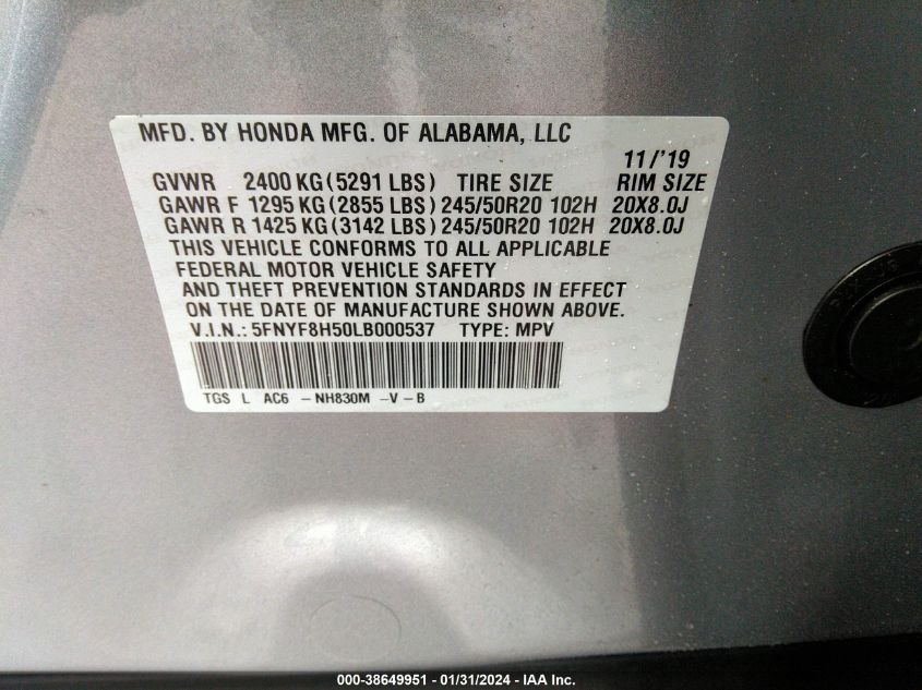 2020 HONDA PASSPORT EXL - 5FNYF8H50LB000537